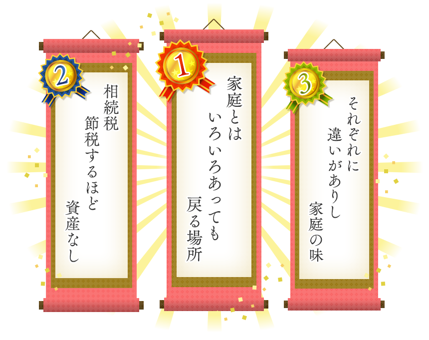 1位 家族とは いろいろあっても 戻る場所 2位 相続税 節税するほど 資産なし 3位 それぞれに 違いがありし 家庭の味