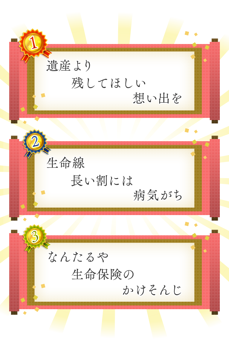 1位 遺産より　残してほしい　想い出を 2位 生命線　長い割には　病気がち 3位 なんたるや　生命保険の　かけそんじ