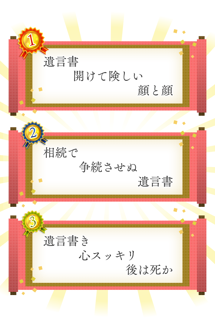 1位 遺言書　開けて険しい　顔と顔 2位 相続で　争続させぬ　遺言書 3位 遺言書き　心スッキリ　後は死か