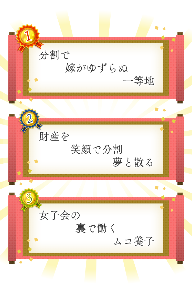 1位 分割で 嫁がゆずらぬ 一等地 2位 財産を 笑顔で分割 夢と散る 3位 女子会の 裏で働く ムコ養子