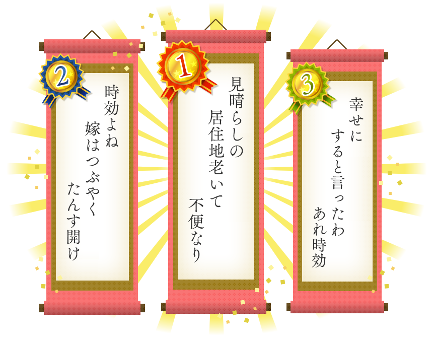 1位　見晴らしの　居住地老いて　不便なり　2位　時効よね　嫁はつぶやく　たんす開け　3位　幸せにすると言ったわあれ時効