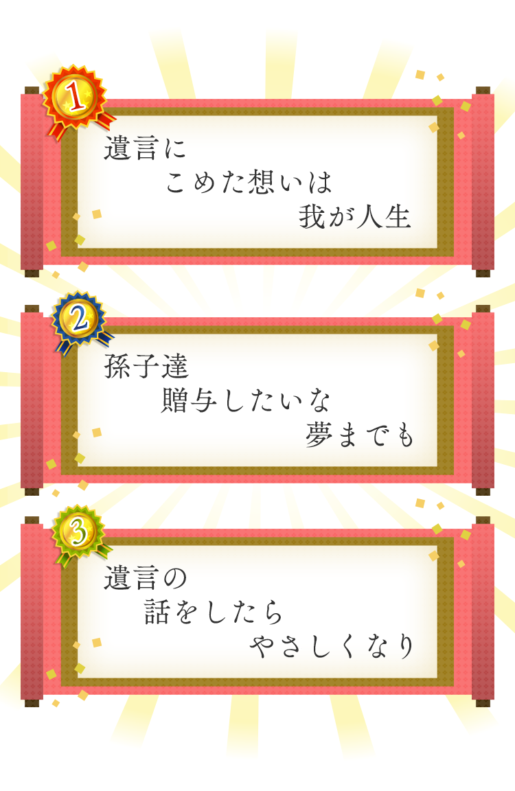 1位 遺言にこめた想いは我が人生 2位 孫子達贈与したいな夢までも 3位 遺言の話をしたらやさしくなり