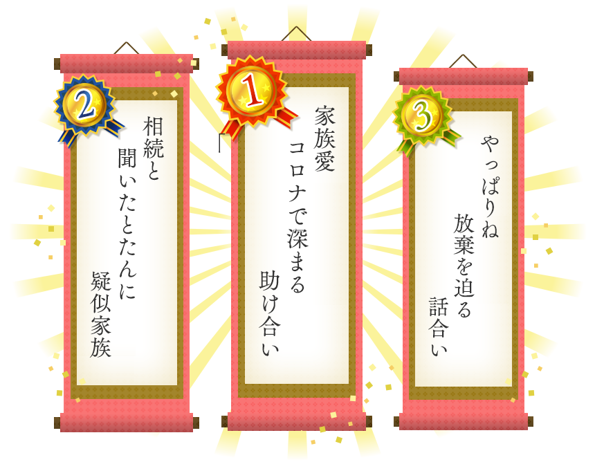 1位 家族愛コロナで深まる助け合い 2位 相続と聞いたとたんに疑似家族 3位 やっぱりね放棄を迫る話合い