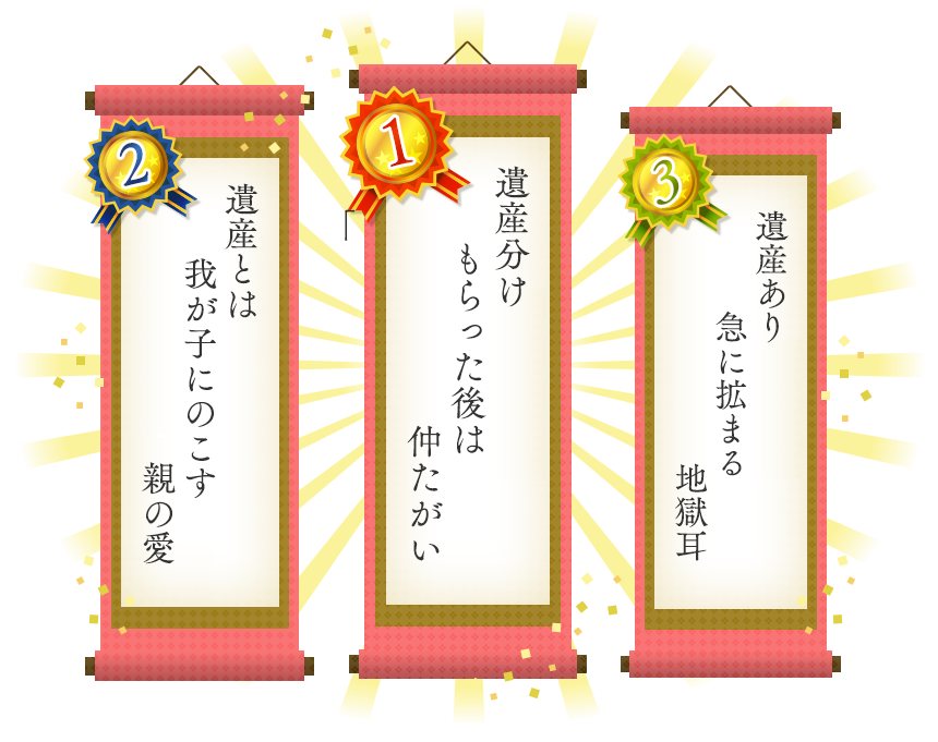 1位 遺産分けもらった後は仲たがい 2位 遺産とは我が子にのこす親の愛 3位 遺産あり急に拡まる地獄耳